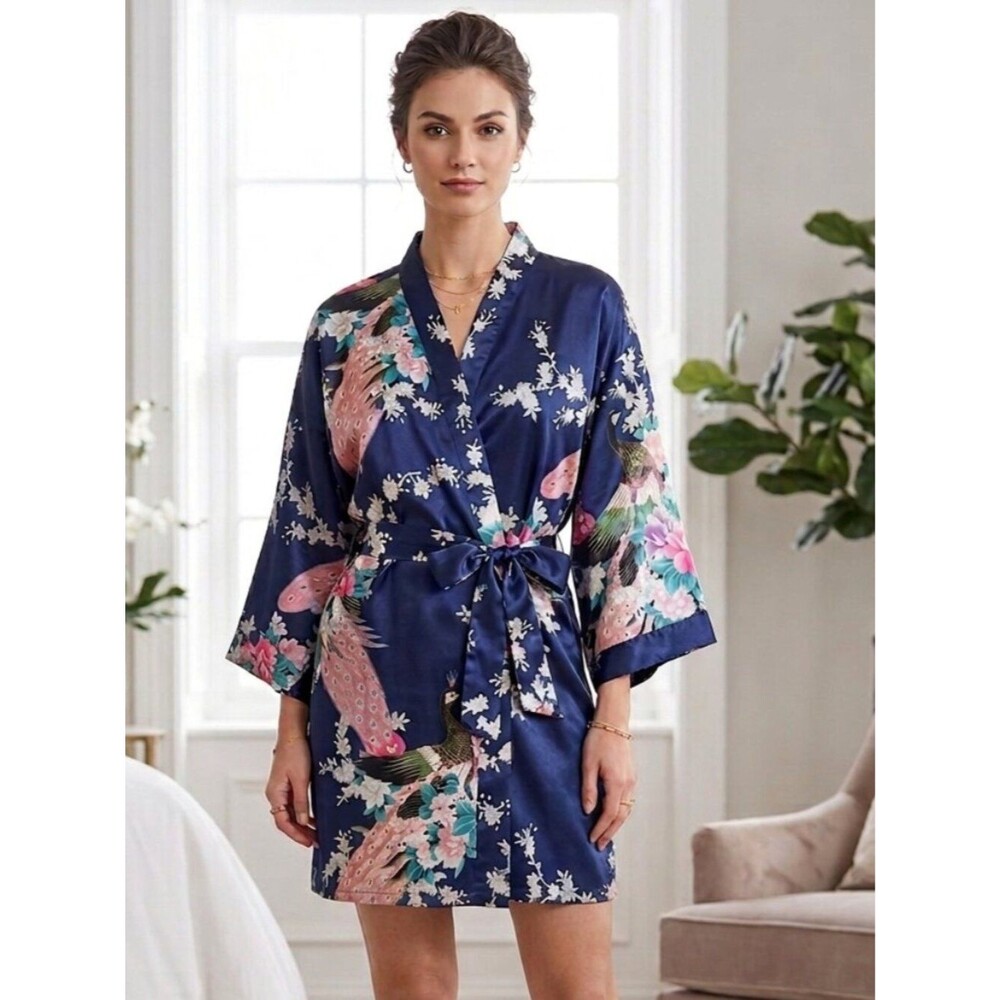 Vibrant Peacock Floral Kimono Robe Coverup Boho Floral - Picture 2 of 7